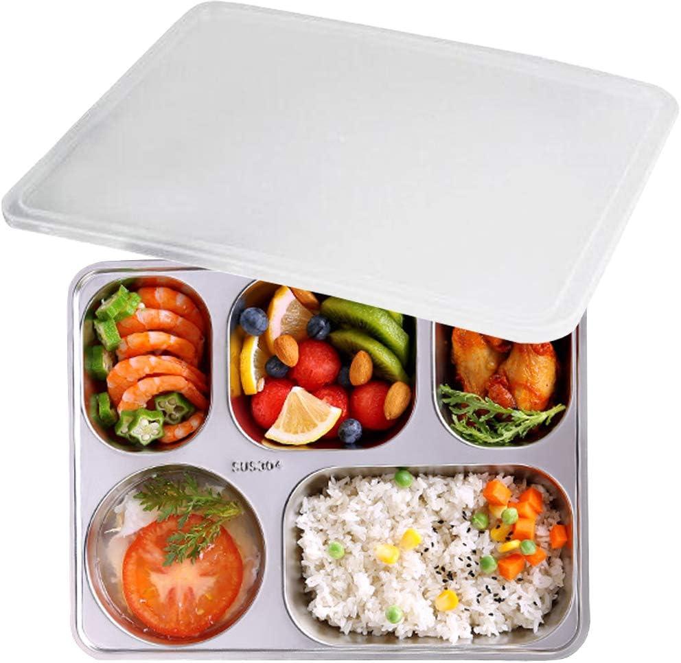 304 Stainless Steel Divided Plates with Lid for Adults Divided Dinner Tray 5 sections Bento Lunch Box Divided Food Containers (Large Size 5 Compartments)
