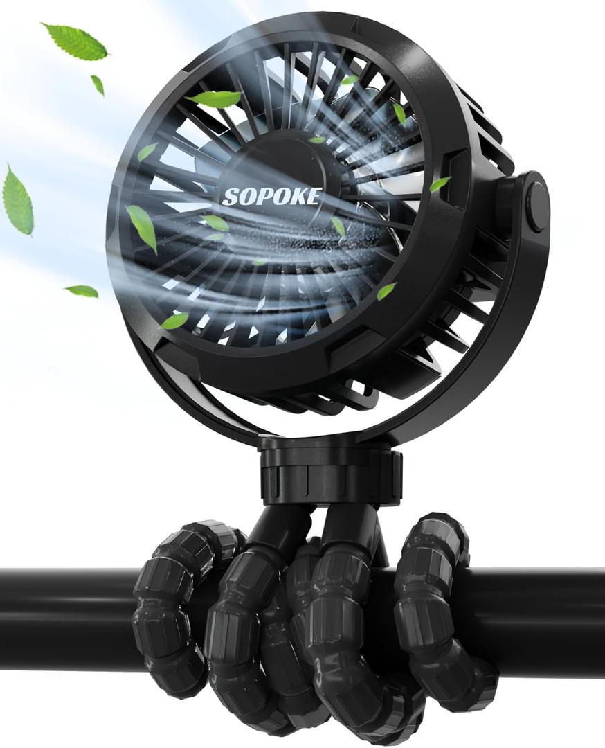 Mini Portable Baby Stroller Fan,3 Speed Personal Handheld Fan,Battery Operated Rechargeable 360 Flexible Tripod Cooling Fan, Suitable for Car Seat Crib Treadmill Golf Cart Travel(Black)