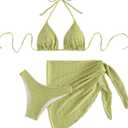 SHENHE Women's 3 Piece Textured High Cut Halter Triangle Bikini Swimsuit with Cover Up