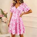 Casual Summer Dresses for Women Short Sleeve V Neck A Line Floral Mini Dress Flowy Beach Vacation Sundresses 2026 (Pink, XL)
