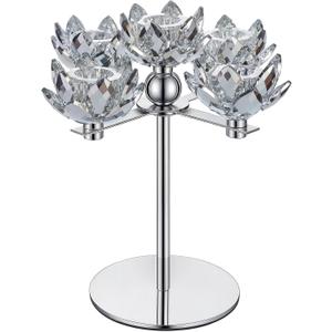 9" Tall Crystal Candle Holders Lotus Candelabras Silver Arch Candlestick, Centerpiece Table, Home Hecor for Wedding, Dinning Room, Coffee Table, Kitchen, Living Room (5 Arms, Taper Candle)