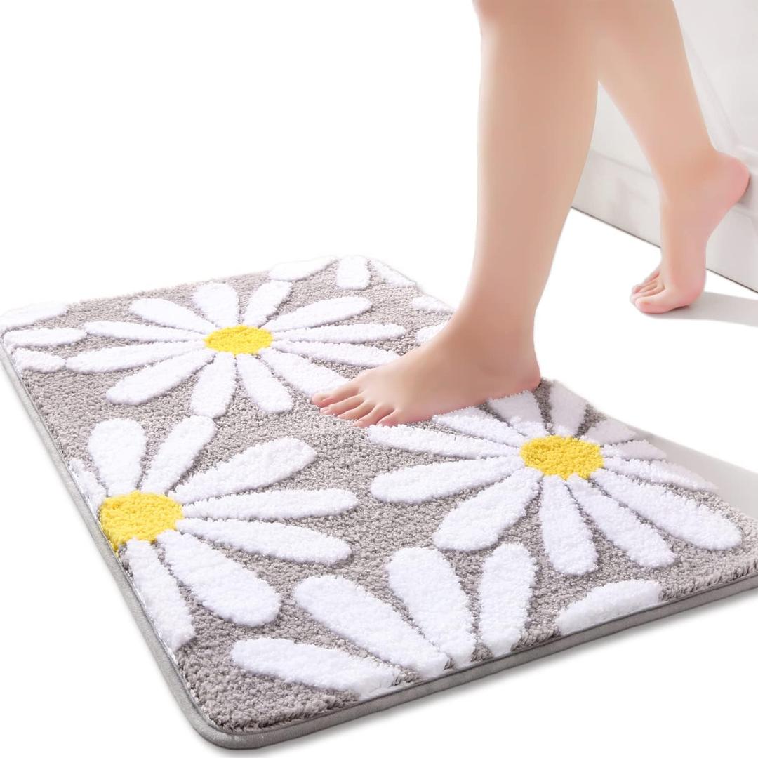 QJHOMO Gray Bathroom Rugs Cute Daisy Bath Mat White and Yellow Flower Decor Rug Non Slip Floor Carpet Microfiber Bathmat Super Absorbent Machine Washable Bathtub Mats for Shower (20x32 inch) (1'8" x 2'8" (Rectangular))