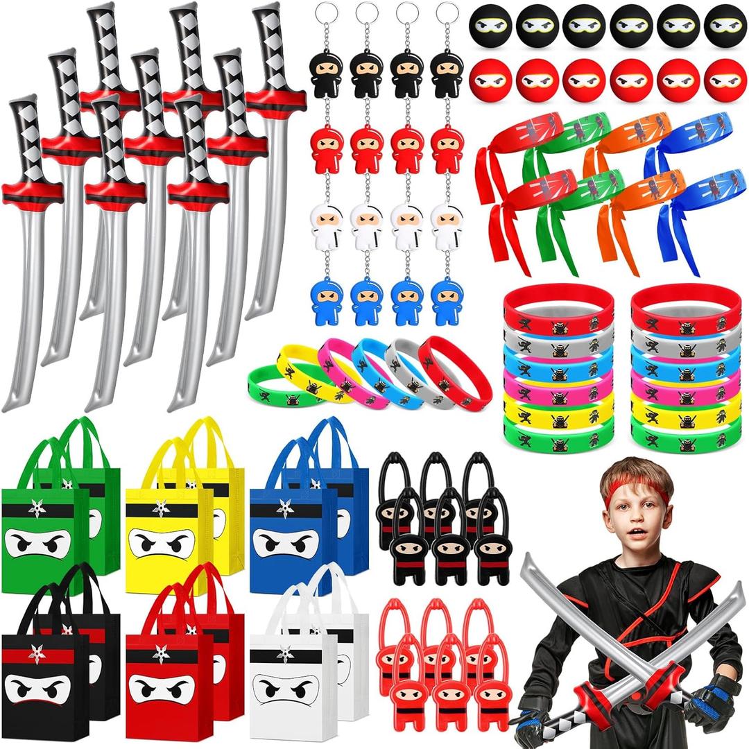 12 Guests 84 Pcs Ninja Party Favors Include Ninja Non Woven Bags Inflatable Toys Bouncy Balls Throwing Flying Slingshot Headbands Silicone Bracelets Keychains for Party Supplies