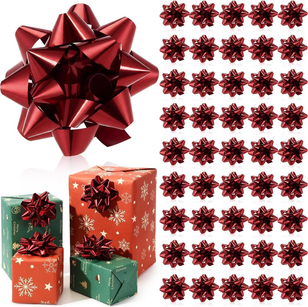 Yilloog 48 Pcs Valentines Gift Bow for Gift Wrapping Star Pattern Bulk 4 Inch Xmas Large Ribbon Bows Self Adhesive Color Star Metallic for Holiday Presents Box(Wine Red)