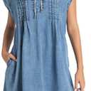 Womens Denim Romper 2025 Jean Dress V Neck Shorts Sleeves Tie Front Ruffle Overall Dress with Pockets (Blue, S)