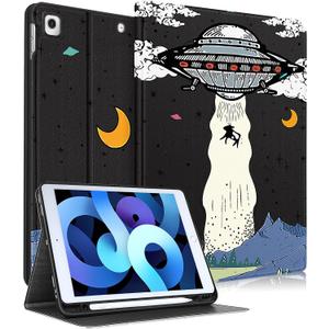 for iPad 9th/8th/7th Generation Case 10.2 Inch Girls Cute Boys Kids Women Folio Smart Cover with Pencil Holder UFO Cool Design Funny Fun Men Teens Cases for iPad 7/8/9 Gen A2602 A2270 A2197