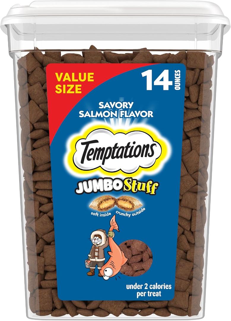 Temptations Jumbo Stuff Crunchy and Soft Cat Treats, Savory Salmon Flavor, 14 oz. Tub