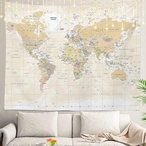 Shrahala World Map Tapestry Wall Hanging for Kids Student, Vintage Colorful Asia Usa Global White Beige Educational Tapestry for School Classroom Dorm Room Bedroom 59.1" L x 82.7" W,White Beige