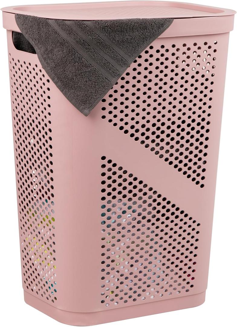 Mind Reader Slim Laundry Hamper with Lid, 60L Clothes Basket, Ventilated Plastic, 17.25"L x 13.75"W x 23.5"H, Pink
