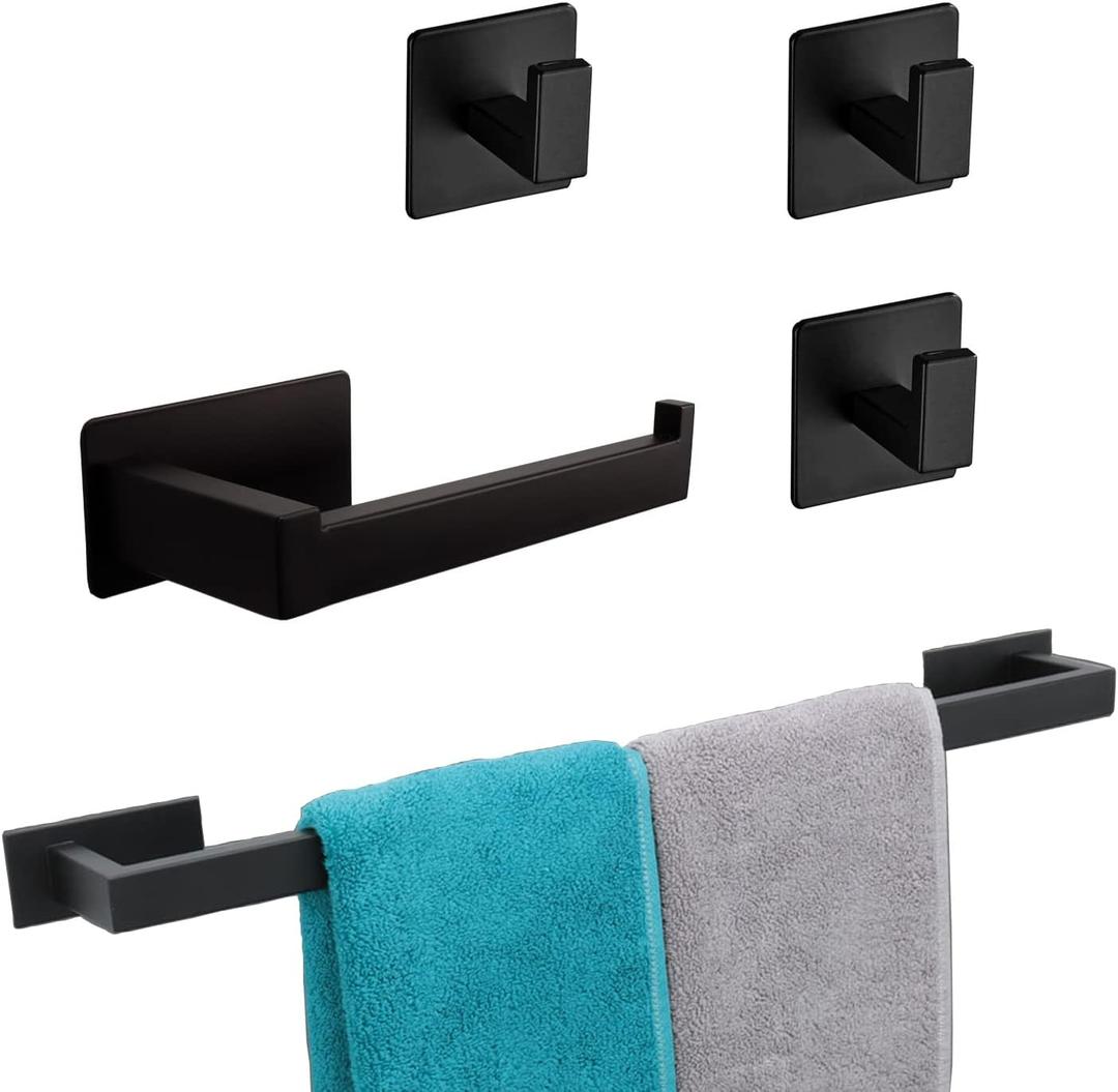 5 Pieces Self Adhesive Bathroom Hardware Set-SUS304 Stainless Steel-Towel Rack Set Include 24Towel Bar+Toilet Paper Holder+3 Towel/Robe Hooks Bathroom Accessory Towel Bar Set (Black, 24 in)