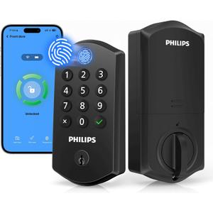Philips Wi-Fi Smart Deadbolt Lock for Front Door, Keyless Entry Door Lock with Keypad, Fingerprint Door Lock, App Remote Control, Auto Lock, Works with Alexa and Google, Security Easy Installation