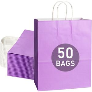 DechoPak Purple Gift Bags, 50Pack 8x4.4x10 Inch Light Purple Paper Gift Bags with Handles, Gift Bag Bulk Medium Party Favor Goodie Bag for Kids Birthday Wedding Valentine's Christmas Retail Business