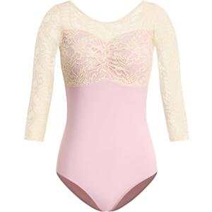 HROYL Women's 3/4 Sleeve Lace Leotards Ballet Dance Gymnastics Bodysuit, Pink