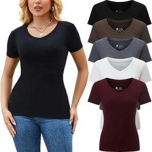 5 Pack Womens T Shirts Short Sleeve Basic Tees V Neck Fashion Tops Slim Fit Casual Summer Outfits Clothes 2026 (Small)