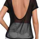 OYOANGLE Women's Criss Cross Open Back Sheer Sports Shirts Short Sleeve Crew Neck Workout Tops (Black, M)