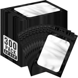 ANZNKU 300 Pcs Resealable Mylar Bags, 5.5x7.9 Inch Resealable Bags for Small Business, Smell Proof Hangover Kit Bag, Foil Zipper Pouches with Clear Window for Food Storage Party favor(Black)