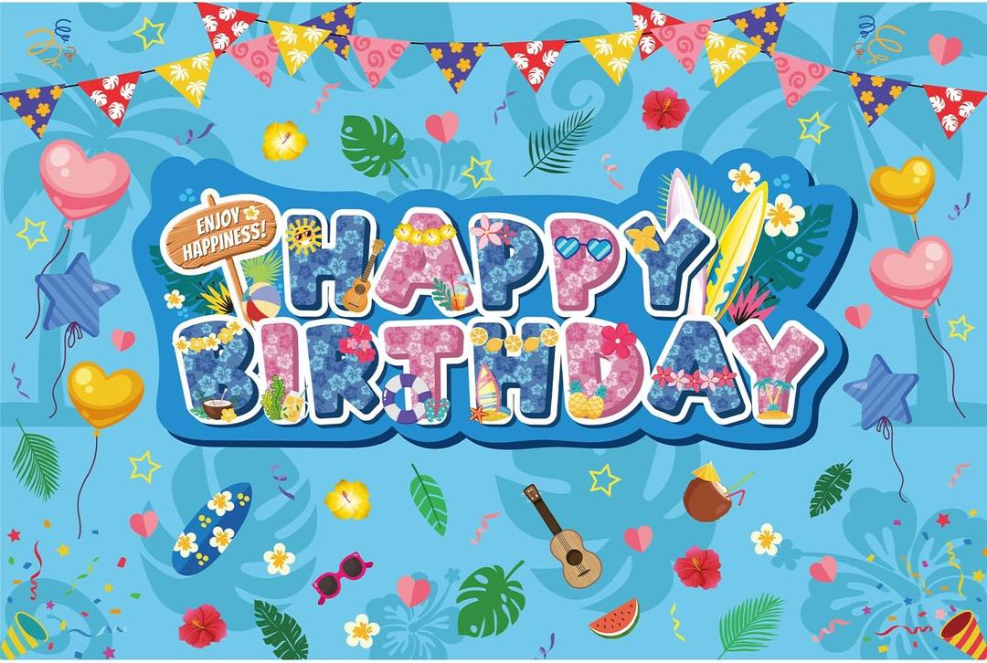 Happy Birthday Backdrop, 5x3ft Tropical Hawaiian Cartoon Theme Party Banner Blue and Pink Birthday Decorations Wall Decor for Kids Boys Girls Baby Shower Shower Summer Beach Party Supplies
