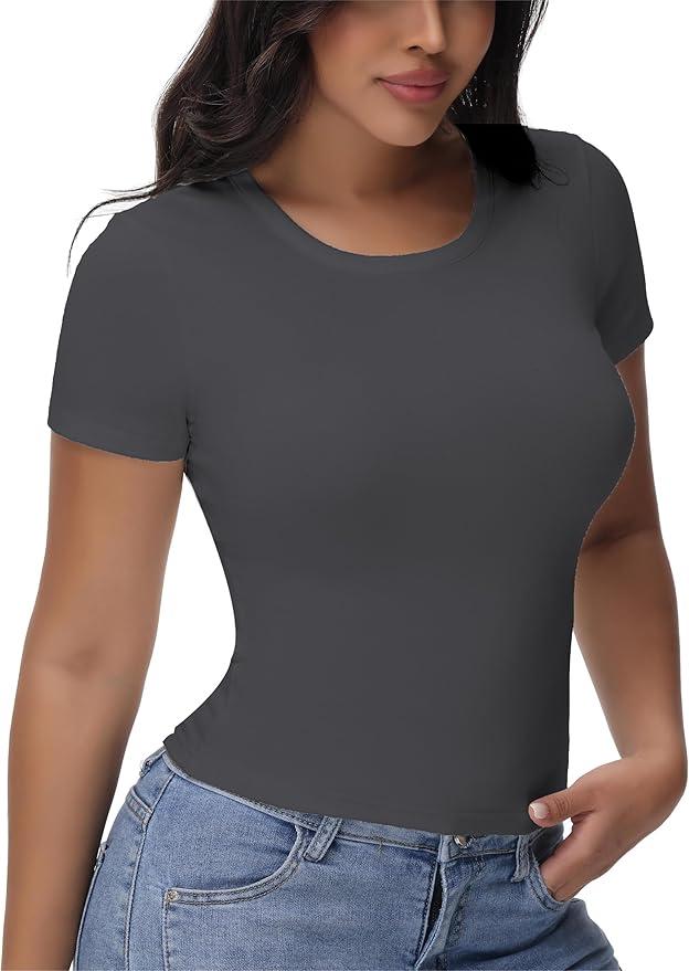 EasyFair Women's T Shirts Basic Short Sleeve Crew Neck Slim Fit Tees Summer Workout Casual Bodycon Tops 2025 Grey, M