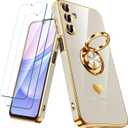 for Samsung Galaxy A15 5G Case with 2 Pack Screen Protector, 360 Rotatable Ring Holder [Luxury Hearts Pattern] Plating Gold Edge Slim Soft Phone Cover Case for Galaxy A15 - White