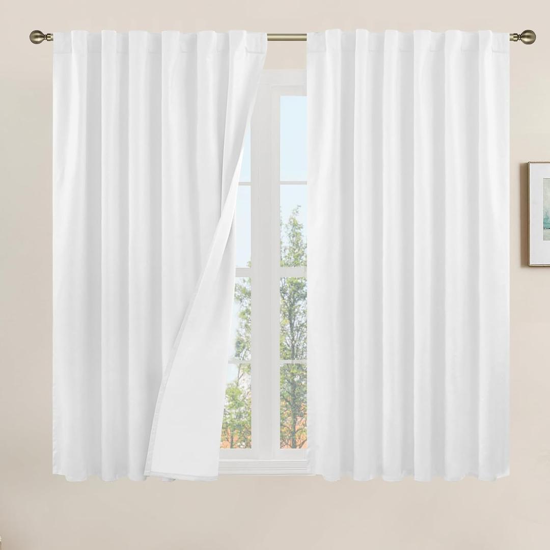 LAMIT White Linen Textured Blackout Curtains 54 Inches for Bedroom, Thermal Farmhouse Curtains Back Tab and Rod Pocket Privacy Protected Burlap Panels with White Liner, 2 Panels, 52 x 54 Inch