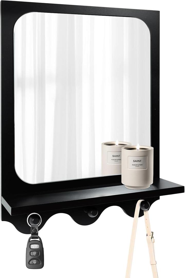 Snazzify 16x12 Inch Wall-Mounted Mirror with Shelf and Hooks, White Decorative Entryway Mirror with Storage for Hallway, Bathroom, or Bedroom - 4in Shelf Width, Black