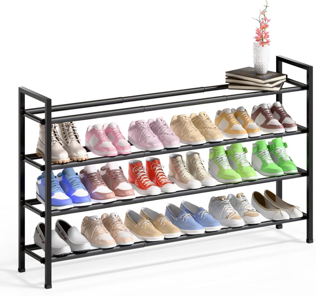 Bumusty 4-Tier Long Expandable Shoe Rack for Closet, 18"-44" Adjustable Shoe Rack for Entryway, 20-24 Pairs Large Shoe Organizer Shelf Storage, Sturdy Metal, Black