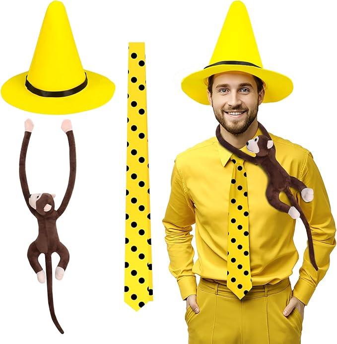FOCUSOUL Man in Yellow Hat Costume Accessories Pointy Hat Polka Dot Tie Stuffed Monkey Halloween Cosplay Set