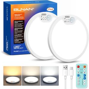 BLNAN Rechargeable Motion Sensor Ceiling Light with Remote, Battery Operated Ceiling Light, 3 Color Temperatures LED Shower Lights for Pantry, Stairs, Garage, Hallway, 2 Pack (White)