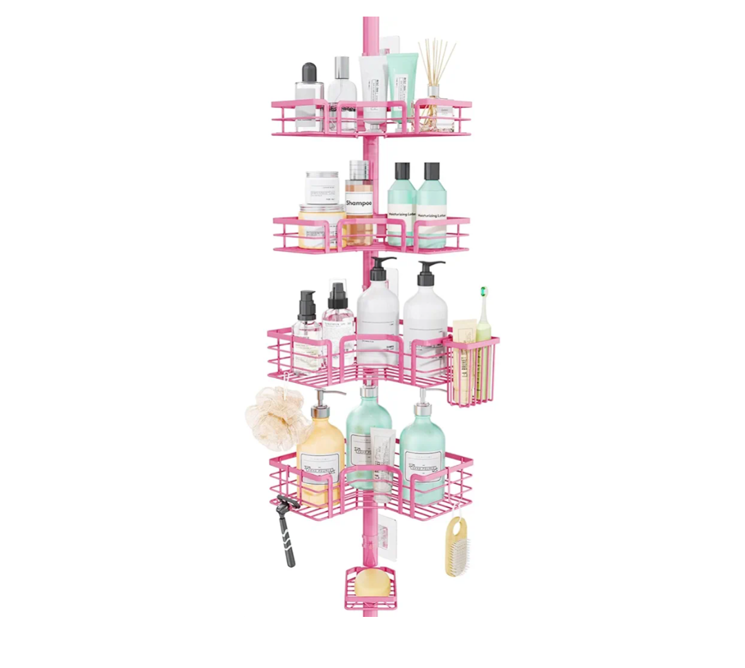 SWTYMIKI Shower Caddy Tension Pole  4Tier Corner Shower Organizer Tension Rod with Soap Holder, Toothbrush Holder & 4 Hooks, Adjustable Stainless Steel Bathroom Organizer 27.6 to 108.3 inch, Pink
