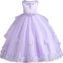 Flower Girls Lace Bridesmaid Dress Kids Wedding Pageant Party Long Prom Formal Ball Gown Princess Puffy Tulle Evening Dress (4-5T, Violet)