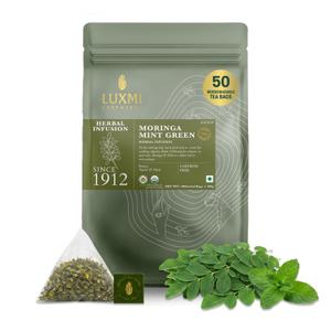 Luxmi Estates Moringa Mint Herbal Tea, 50 Biodegradable Pyramid Tea Bags (100g, 3.5oz) | USDA Organic Moringa Oleifera Leaf with Spearmint | Caffeine-Free Superfood Infusion, Vegan & Non-GMO Bulk Pack (EXP 01/28/27)