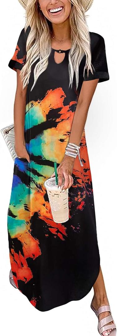 Zeagoo Womens Maxi Summer Dress with Pockets Casual Short Sleeve Sundress Trendy 2025 Curve Hem Long Dresss (Medium, Black-printed-01)