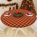 Smiry Round Picnic Tablecloth, Elastic Waterproof Fitted Vinyl Tablecloths for 36"-44" Tables, Flannel Backed Buffalo Plaid Table Cover for Dining, Camping, Outdoor, Black and Orange