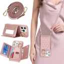 for iPhone 16 Pro Max Case with Card Holder and Strap for Women,Crossbody Lanyard, Make Up Mirror,Ring Stand,Snap Clasp,Cute Phone Wallet Cases 6.9 inch - Dark Rose Gold