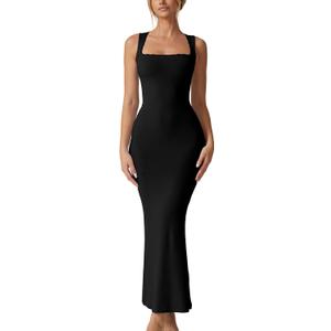 QINSEN Women's Square Neck with Lace Detail Long Maxi Dress Sleeveless Lounge Ribbed Full Length Dresses, Medium