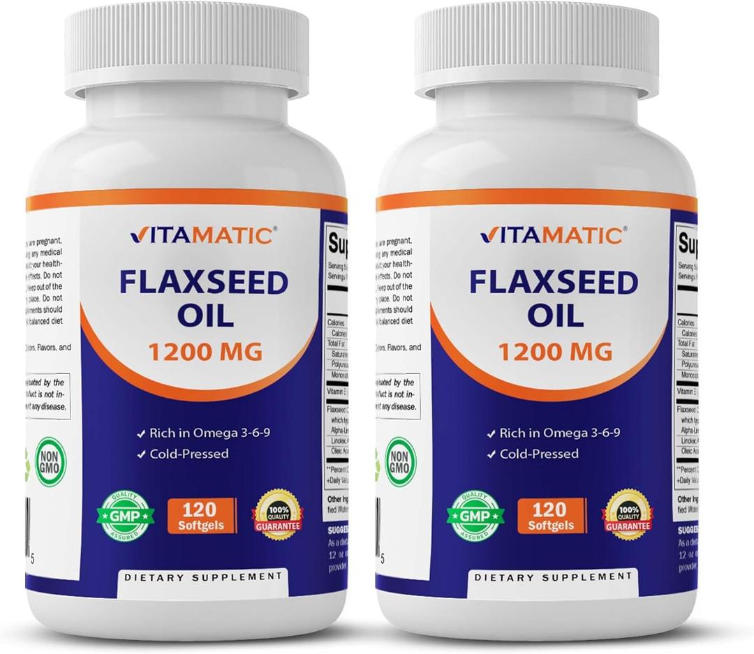 Vitamatic 2 Pack Flaxseed Oil 1200mg 120 from Cold Pressed Flax Seed - 675 mg of ALA Omega 3 Fatty Acids for Improving Heart Health, BB Date: 05/2027