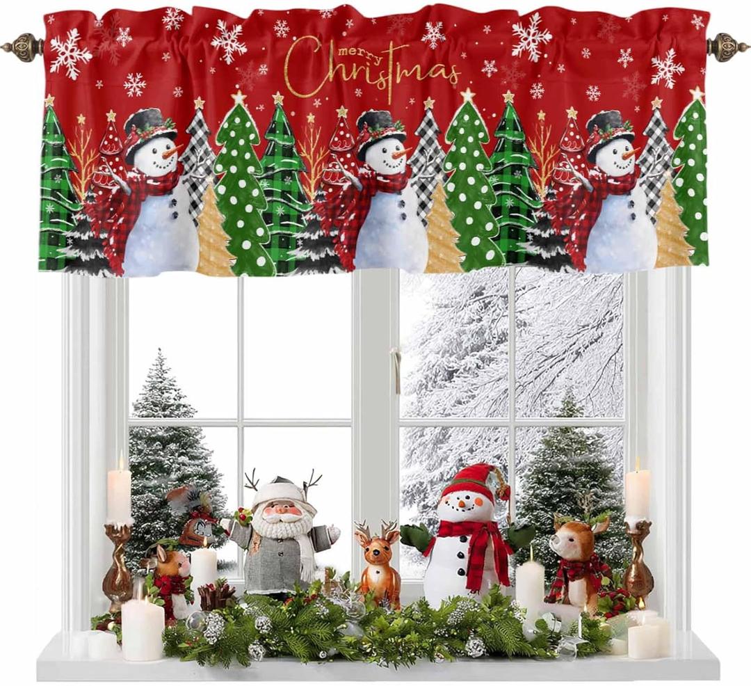 Christmas Tree Valance Curtains Snowman Christmas Kitchen Curtains Window Treatment Holiday Decor Red Black Buffalo Plaid Rod Pocket Valances for Kitchen Bathroom Living Room 54x18 Inch, 1 Panel