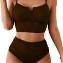 SweatyRocks Women's High Waisted Bikini Sets V Neck Twist Back Top Swimsuit Tummy Control Bathing Suit (Brown)