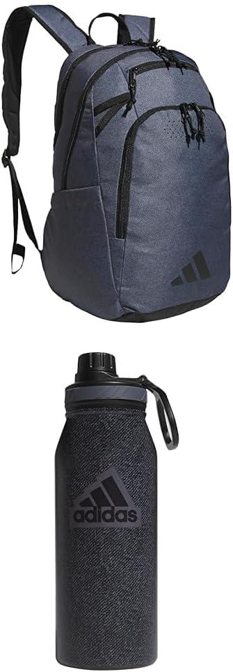 adidas Defender Team Backpack (33L) + 750 ml (28 oz) Stadium Refillable Plastic Sport Water Bottle, Grey/Black + Black/Black/Grey, One Size