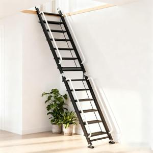 Foldable Aluminum Loft Stairs Ladder, 12 Step Folding Bunk Bed Ladders with Handrails, Portable Anti-Slip Egress Attic Ladder, Floor-Mounted Metal Roof Access Step Ladders for Dorm RV Home Attic Stair (10.5ft, Black)