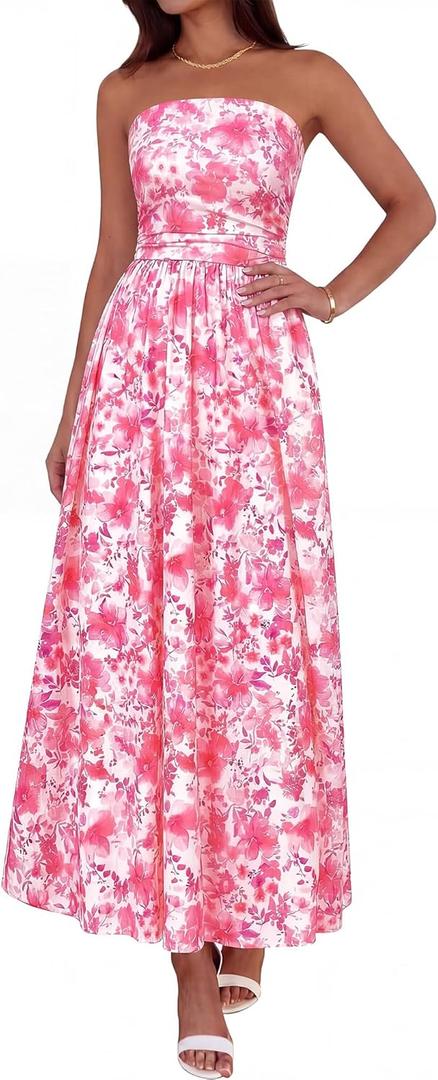 BTFBM Summer Maxi Dresses for Women 2026 Strapless Tube Top Floral Spring Wedding Guest Dress Beach Vacation Outfits (Small, Pink Flower)