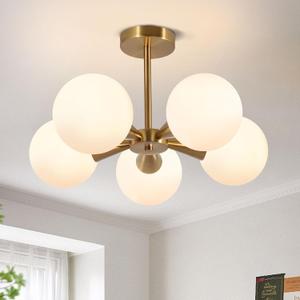 Bektas 5-Lights Semi Flush Mount Ceiling Light Fixture Brushed Gold Light Fixture Straight Bar Modeling with Milk Glass Globe for Bedroom,Living Room, Dinning Room Foyer Hallway