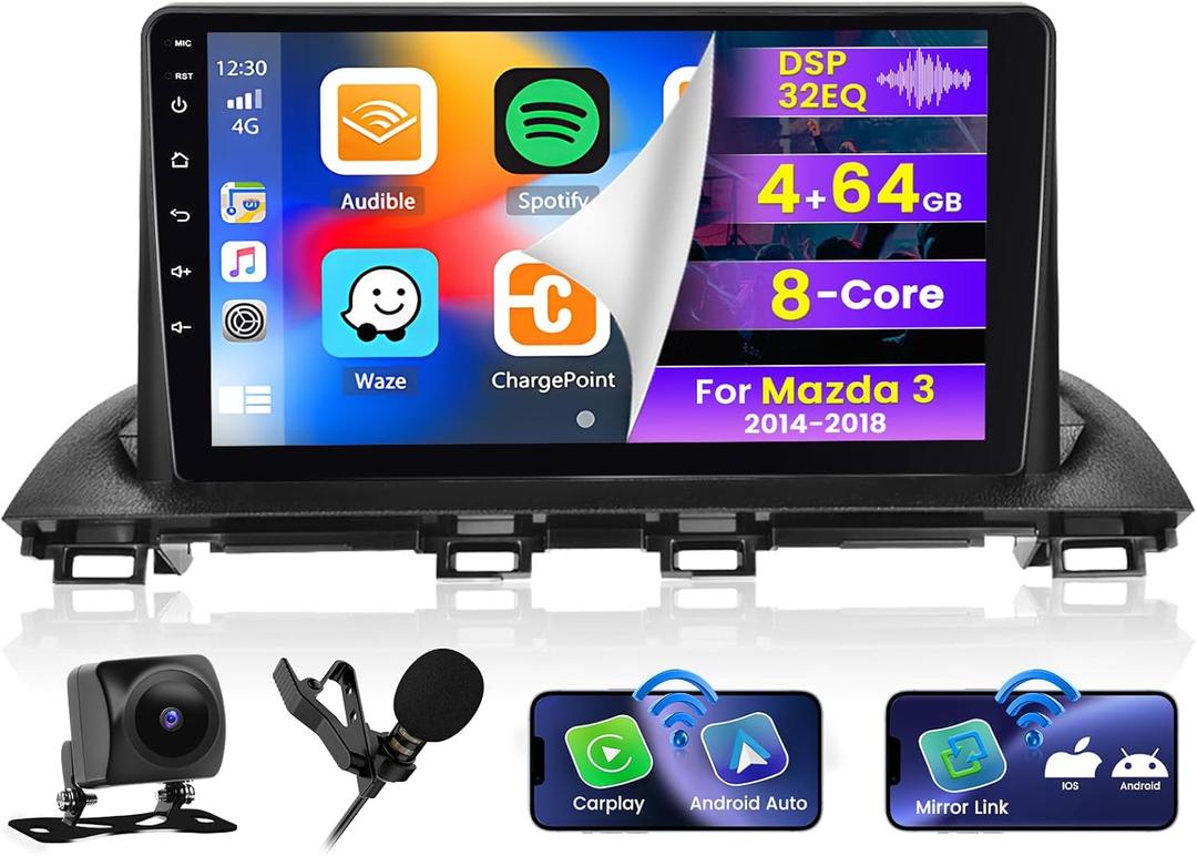 Roinvou 8 Cores 4+64G Android Car Radio for Mazda 3 2014-2018, 9" Touch Screen Carplay Android Auto with 32EQ Bluetooth WiFi GPS Navigation Mirror Link Backup Camera