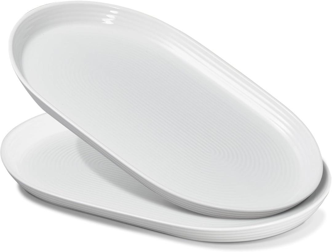 ONEMORE 16 Inch Ceramic Serving Plates for Entertaining, Set of 2 Large Oval Dinner Plates- Dishwasher Oven Safe Serving Tray for Food Meat Fish Parties- Porcelain Thanksgiving Turkey Platters - White