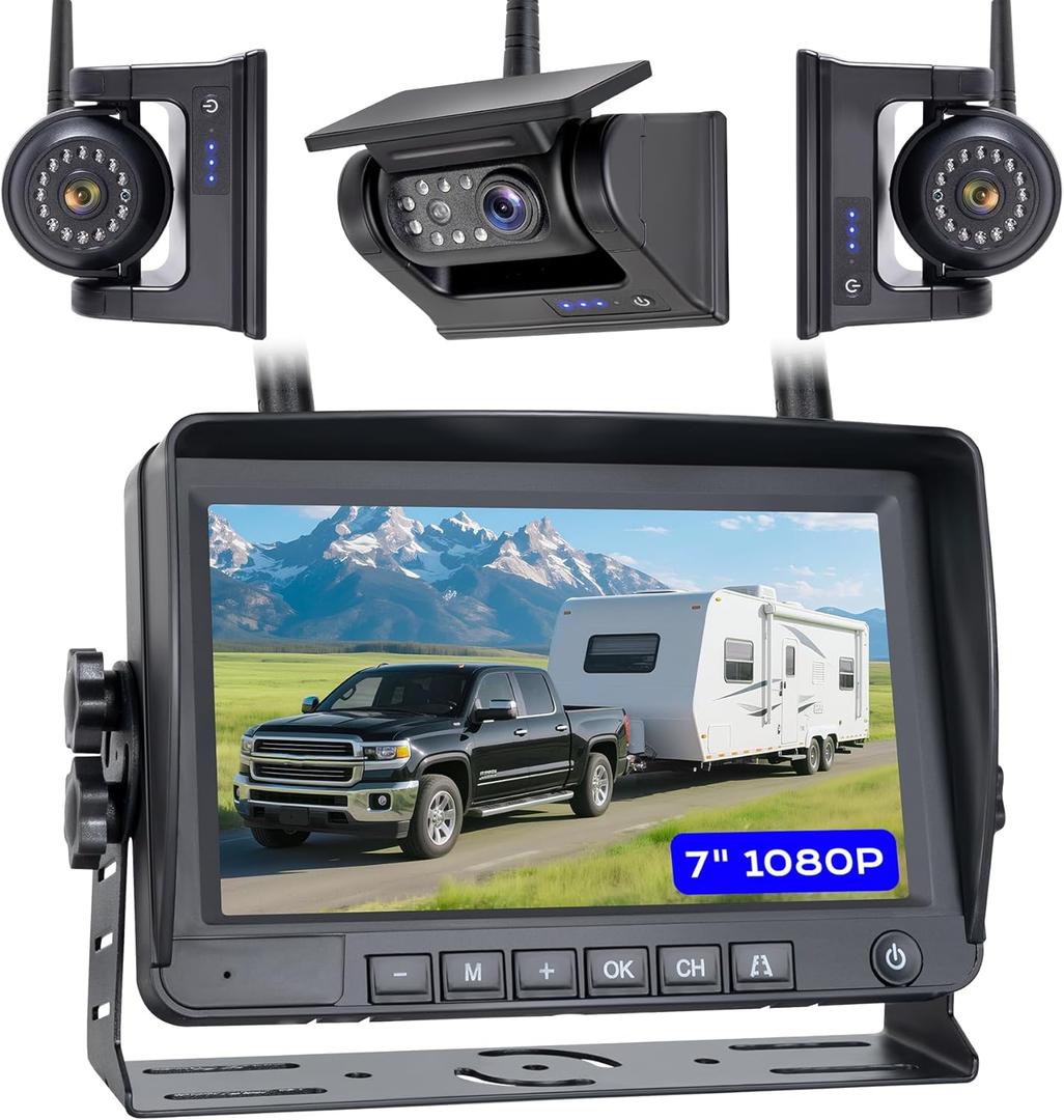 7" 3-Magnetic Wireless RV Backup Camera, HD1080P DVR Monitor, IP69 Waterproof & IR Night Vision 3x9600mAh Rechargeable Cameras, 2 Side Cameras & 1 Rear Camera for Trailer Truck Camper WS7-3
