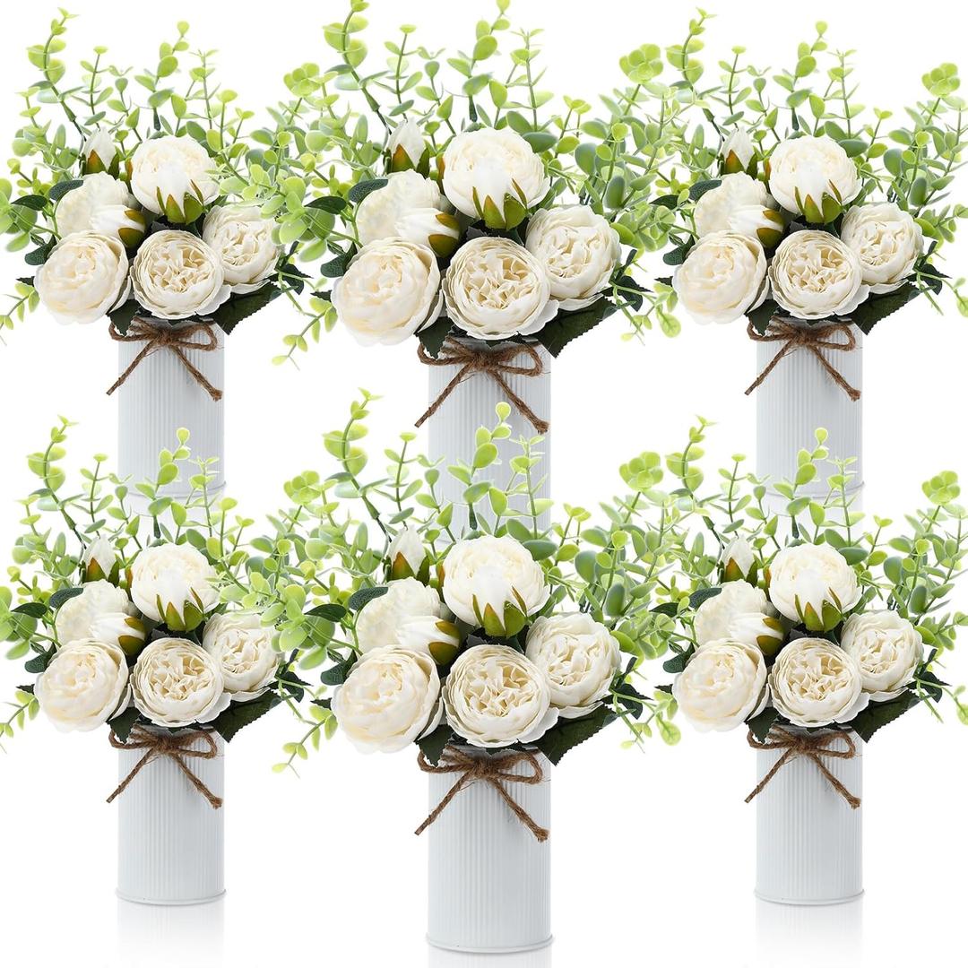 6 Sets Artificial Peonies Flowers, 6 Artificial Peony with Vase 6 Faux Eucalyptus, Faux Silk Peony Bouquet Spring Flowers for Decoration Wedding Party Home Dining (White)