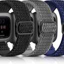 Maledan Stretchy Solo Loop Compatible with Fitbit Versa/Fitbit Versa 2 Bands for Men Women, 3 Pack Flexible Breathable Nylon Woven Sport Replacement Watch Band for Fitbit Versa, Black/Blue/Gray