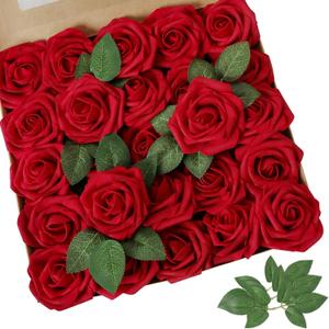 AmyHomie Artificial Flowers Dark Red Rose 50pcs Real Looking Fake Roses w/Stem for DIY Wedding Bouquets Centerpieces Arrangements Party Baby Shower Valentines Day Christmas Tree Decorations