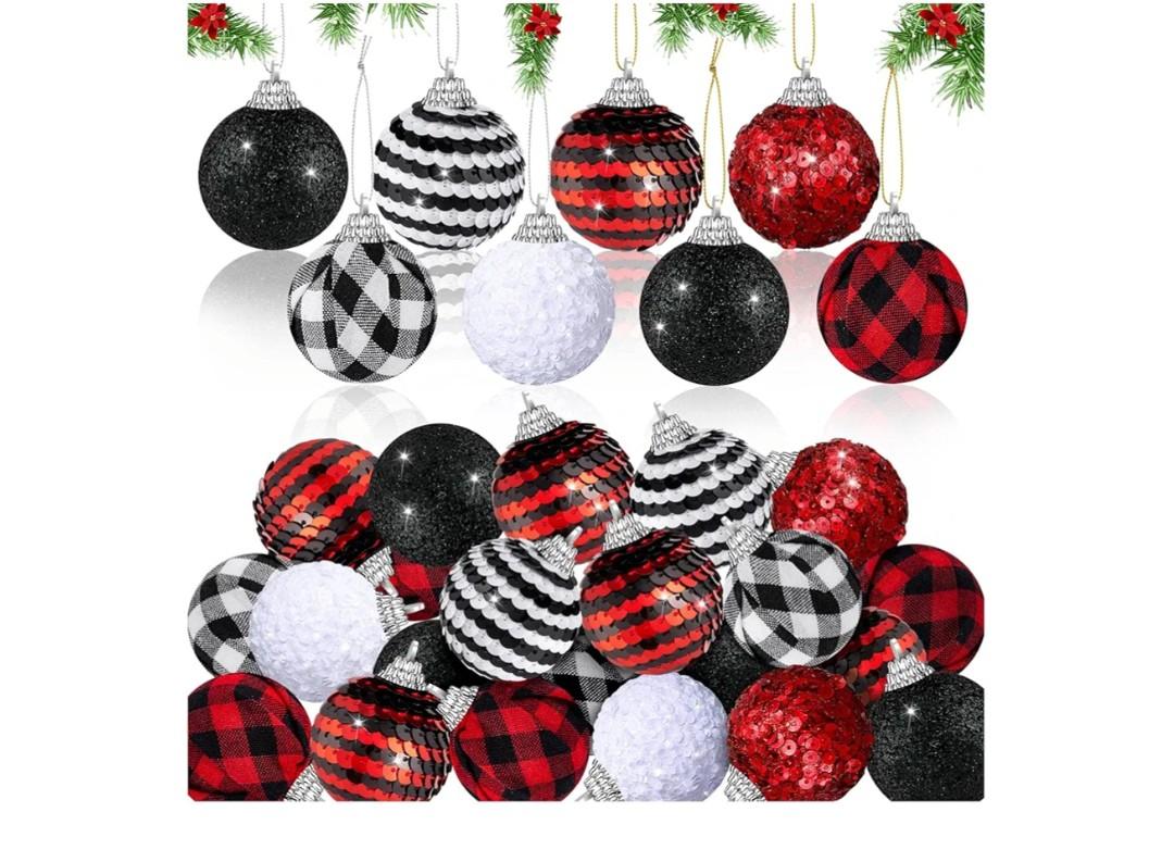 48Pcs 1.6in Christmas Balls Ornaments, Christmas Tree Hanging Ornaments, Glitter Rustic Red White Black Ball Fabric Shatterproof Ball with Hanging Rope