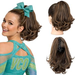 KooKaStyle Ponytail Extension, 10" Short Claw Clip in Pony Tails Hair Extensions Curly Wavy Synthetic Drawstring Hairpieces for Women Fake Ponytail(Dark Brown with Golden Auburn)